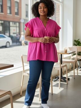 Cozy Co - Button-Front Flutter Sleeve Blouse in Fuchsia